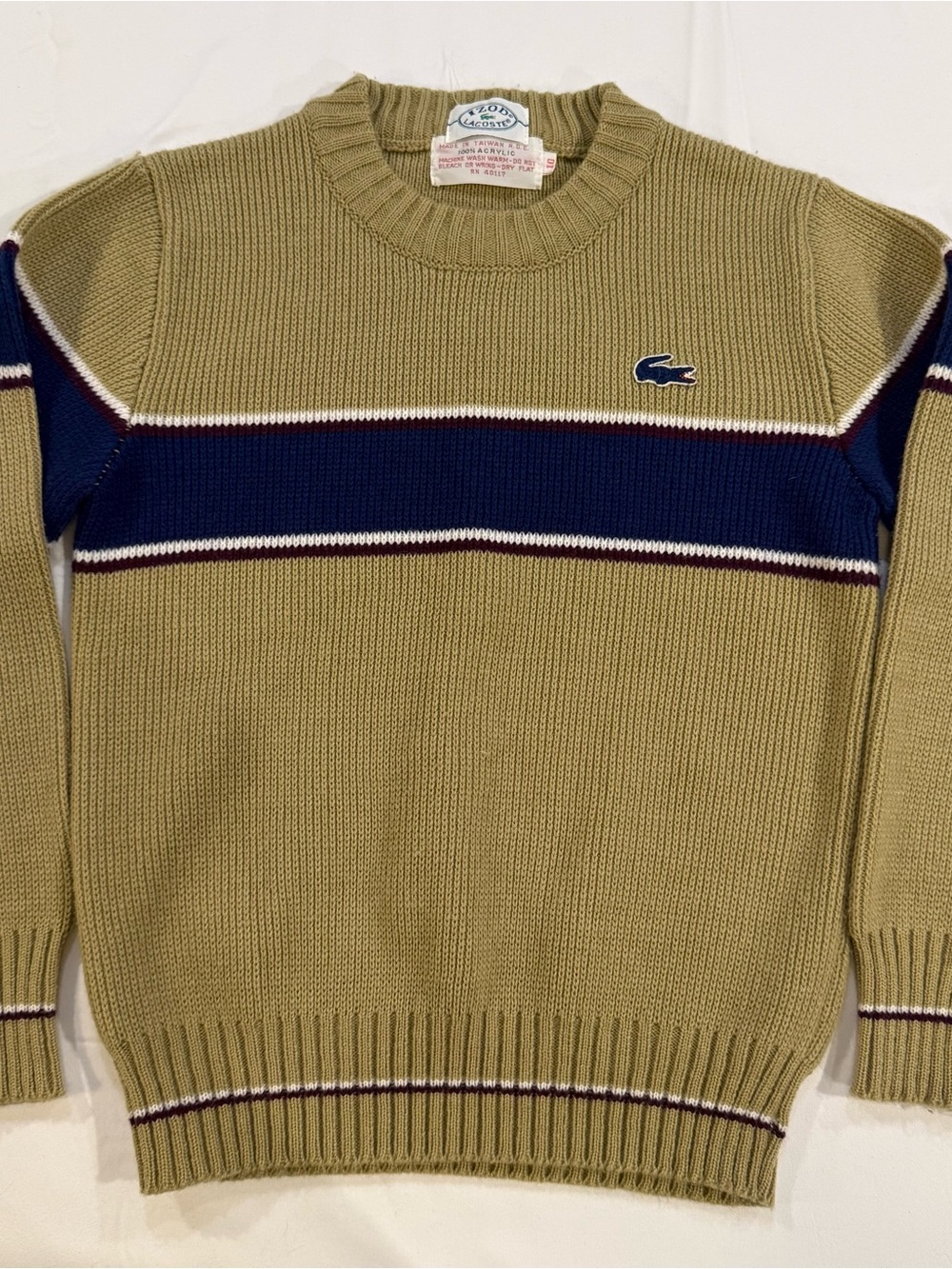 Vintage Izod Boys Olive Crewneck Sweater with Navy Stripe